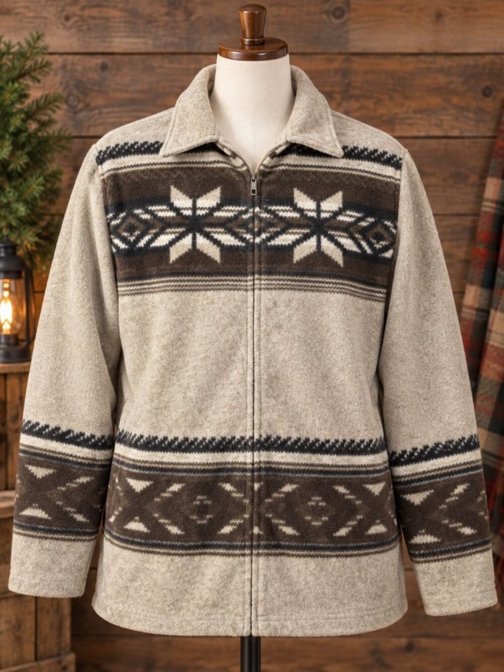 Vintage 90s Jones New York Nordic Geo Fleece Jacket L Beige Heritage Outdoorsy